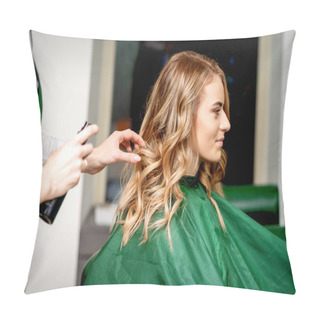 Personality  Side View Of Female Hairdresser Using Hairspray Fixing Client's Female Hair In A Hair Salon Pillow Covers