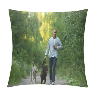 Personality  A Man With Two Dogs Walking On A Sunny Meadow Pillow Covers