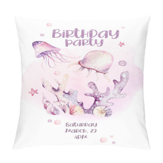 Personality  Sea Animals Aquarium Baby Happy Birthday Poster. Blue Watercolor Ocean Fish, Turtle, Whale And Coral. Shell Aquarium Background. Nautical Marine Pillow Covers