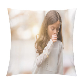 Personality  Brunette Hispanic Girl Feeling Unwell And Coughing As Symptom For Cold Or Bronchitis. Healthcare Concept. Pillow Covers