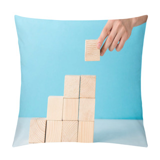 Personality  Cropped View Of Businessman Putting Wooden Cube On Blue  Pillow Covers