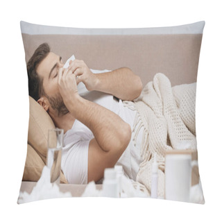 Personality  Sick Man Lying Under Blanket And Sneezing In Napkin Near Medication And Crumpled Tissues  Pillow Covers