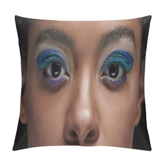 Personality  Cropped Shot Of African American Woman With Blue Eye Shadows Looking At Camera Isolated On Black Pillow Covers
