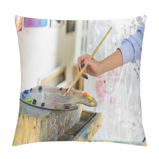 Personality  Cropped Image Of Artist Taking Paint From Palette In Workshop Pillow Covers