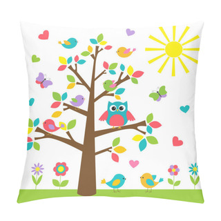 Personality  Colorful Tree With Cute Owl And Birds Pillow Covers