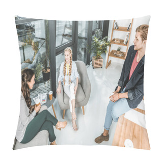 Personality  Multiethnic Businessman And Businesswomen Resting While Having Coffee Break In Office Pillow Covers