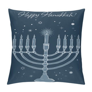 Personality   Happy Hanukkah Greeting Card. Blue And Silver Poster Print. Vector Vintage Illustration. Pillow Covers
