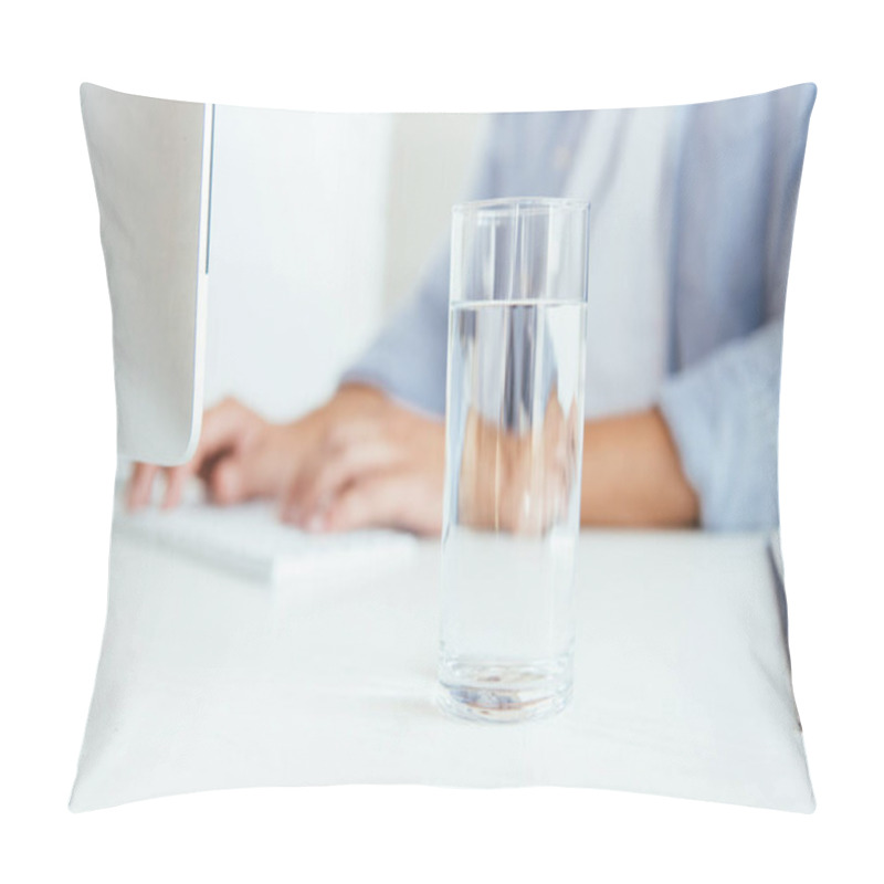 Personality  selective focus of glass with fresh water near broker  pillow covers