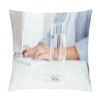 Personality  Selective Focus Of Glass With Fresh Water Near Broker  Pillow Covers