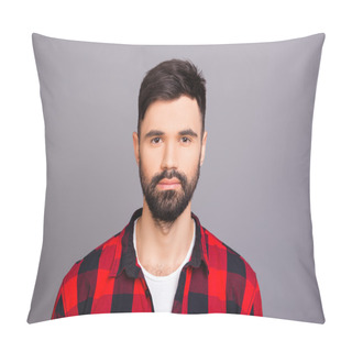 Personality  Portrait Of Serious Brutal Man On Gray Background Pillow Covers