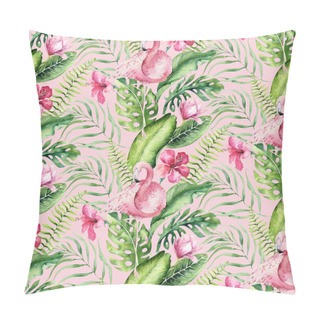 Personality  Lovely Hand Drawn Watercolor Tropical Birds Flamingos Seamless Pattern, Exotic Pink Birds With Flowers And Leaves. Pillow Covers