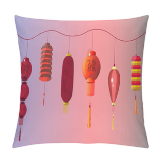 Personality  Set Of Hinese Lanterns Vector. Paper Or Sky Lantern In Bright Colors, Primarily Red, Used For Decorative Purposes, Painted With Chinese Art And Calligraphy Motifs Pillow Covers