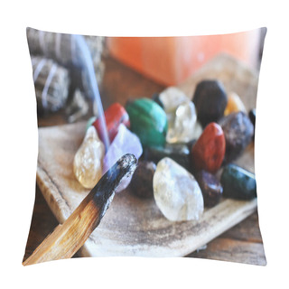 Personality  A Close Up Image Of A Burning Incense Stick And Healing Crystals.  Pillow Covers