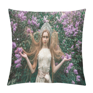 Personality  The Girl In The Crown. The Magnificent Queen From A Fairy Tale Among Blossoming Lilacs. Beautiful Blonde With Long Hair In A Silver Tiara Pillow Covers