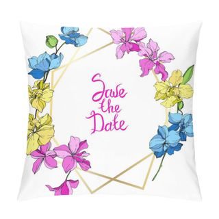 Personality  Yellow, Pink And Blue Orchids. Engraved Ink Art. Frame Golden Crystal. Happy Birthday Handwriting Monogram Calligraphy. Geometric Crystal Stone Polyhedron Mosaic Shape. Pillow Covers