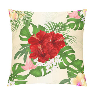 Personality  Seamless Texture Bouquet With Tropical Flowers  Floral Arrangement, With Beautiful Yellow Orchid, Red Hibiscus, Palm,philodendron And Brugmansia  Vintage Vector Illustration  Editable Hand Draw  Pillow Covers