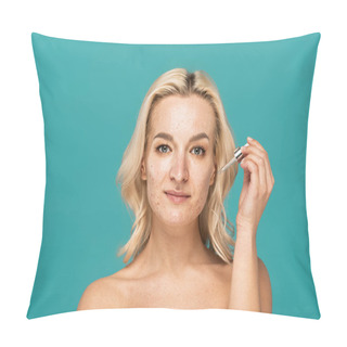 Personality  Blonde Woman With Acne On Face Holding Pipette With Moisturizing Serum Isolated On Turquoise Pillow Covers