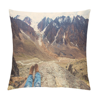 Personality  Legs Of Traveler Sitting On A High Mountain Pillow Covers
