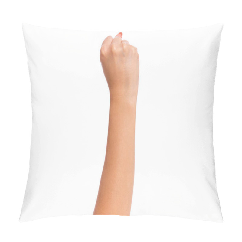 Personality  Female hand with fingers folded into fist, isolated on white background. Beautiful hand of woman with copy space. pillow covers