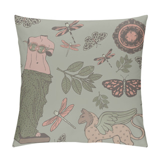 Personality  Seamless Pattern On The Theme Of Greek Mythology And Griffin, Saplings, Dragonflies And Leaves Pillow Covers