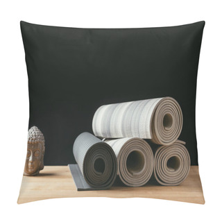 Personality  Different Rolled Yoga Mats And Sculpture Of Buddha On Wooden Table Pillow Covers