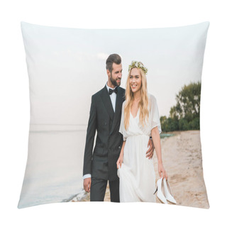 Personality  Groom Hugging Bride And Walking On Beach, Bride Holding High Heels In Hand Pillow Covers