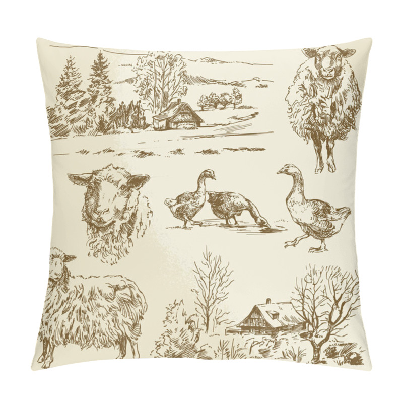 Personality  rural landscape, farm animal - hand drawn illustration  pillow covers