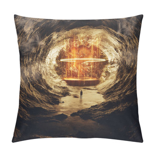 Personality  Humanoid Alien In Golden Light In Cave In Futuristic Sci-fi Landscape Of Post-apocalyptic Planet, 3d Rendering Pillow Covers