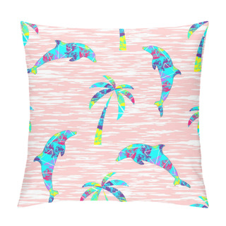 Personality  Dolphins And Palm Trees With Geometric Elements On White And Pink Stripes. Seamless Pattern Pillow Covers