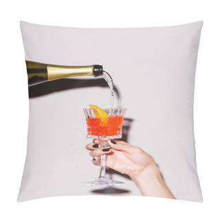 Personality  Champagne Pouring In Glass With Cocktail From Bottle Near Woman On White Pillow Covers