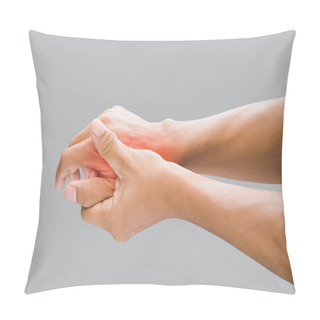 Personality  A Man Grab Hand Palm Because The Hand Palm Was Injured. Hand Pain. On A Gray Background. Pillow Covers