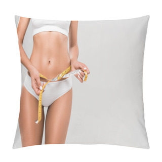 Personality  Partial View Of Beautiful Slim Woman In Underwear Holding Measuring Tape On Waist Isolated On Grey With Copy Space Pillow Covers
