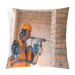 Personality  Handsome Bearded Man Using Hammer Drill Near Brick Wall  Pillow Covers