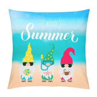 Personality  Gnomes On The Beach. Hello Summer Calligraphy Lettering. Cute Cartoon Characters On Vacations. Vector Template For Banner, Poster, Greeting Card Pillow Covers