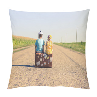 Personality  Silhouette Of Kids Sitting On The Suitcase Over Countryside Rural Road On Sunny Blue Sky Outdoors Background, Copy Space Picture Pillow Covers