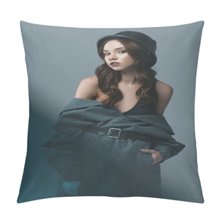 Personality  Elegant Girl Posing In Autumn Coat And Military Helmet, Isolated On Grey With Blue Filter Pillow Covers
