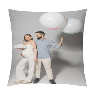 Personality  Cheerful Man Hugging Stylish Pregnant Wife And Holding Gift Box And Festive Balloons During Celebration And Gender Reveal Surprise Party On Grey Background, Fashionable Pregnancy Attire, Boy Or Girl  Pillow Covers