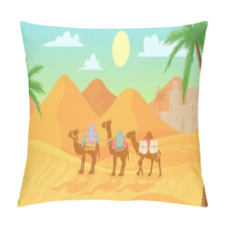 Personality  Desert Camel. Caravan In Egypt Sahara Landscapes. Cartoon Arabic Panoramic Vector Background With Sand Dunes And Camels Pillow Covers