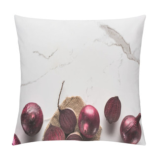 Personality  Top View Of Beetroots And Red Onions On Marble Surface With Hessian Pillow Covers