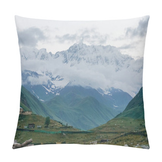 Personality  View Of Green Grass Meadow With Houses And Buildings And Mountains On  Background, Ushguli, Svaneti, Georgia   Pillow Covers