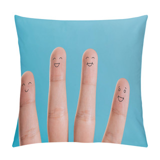 Personality  Cropped View Of Smiling Human Fingers Isolated On Blue Pillow Covers