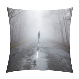 Personality  Lonely Man Walking In Fog Away Road. Rural Landscape With Road In Morning Mist. Warm Autumn Colors. Dark Mysterious Background Pillow Covers