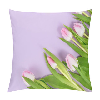 Personality  Tulip Spring Flowers With Pink Tips In Corner Of Violet Background With Copy Space Pillow Covers