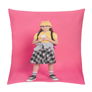 Personality  Happy Girl In Beanie Hat And Glasses Using Smartphone On Pink Background, Full Length, Backpack Pillow Covers