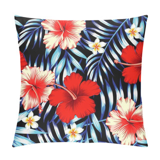 Personality  Hibiscus Red And Palm Leaves Blue Seamless Background Pillow Covers