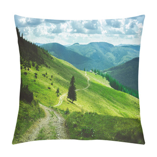 Personality  A Beautiful Landscape Of Summer Mountains, Green Slopes Of The Ukrainian And Romanian Carpathians, A Road On The Slope To The House On The Slope Pillow Covers