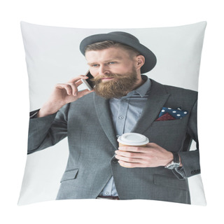 Personality  Handsome Businessman In Vintage Style Clothes Holding Paper Cup And Talking On Phone Isolated On Light Background Pillow Covers