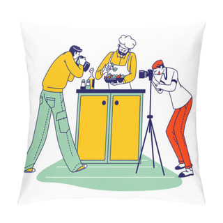 Personality  Photographers Make Pictures Of Food, Chief Character Wear White Apron And Toque Decorating Salad With Fresh Herbs, People On Kitchen Making Photos For Magazine Or Internet. Linear Vector Illustration Pillow Covers