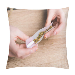 Personality  Cropped View Of Girl Rolling Joint With Medical Cannabis Pillow Covers