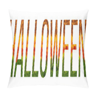 Personality  Word Halloween Written With Leaves White Isolated Background, Banner For Printing, Creative Illustration Of Colored Leaves. Pillow Covers